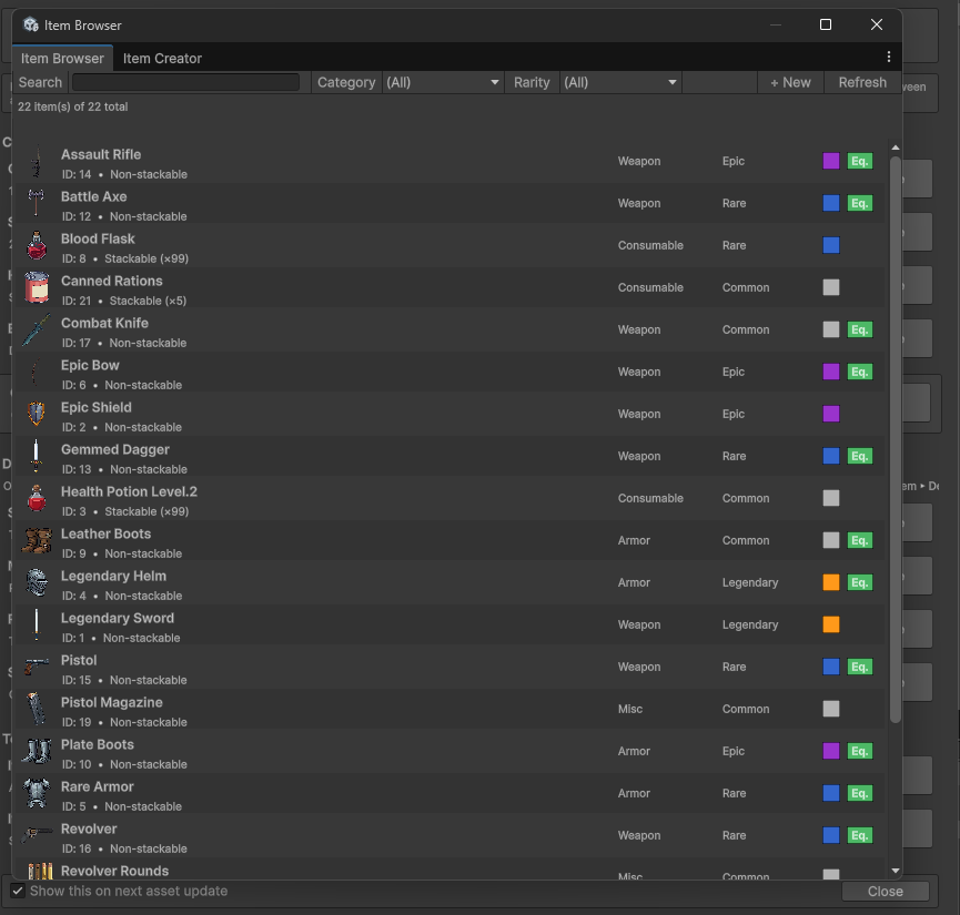 Item Browser window listing sample items with rarity swatches and filters
