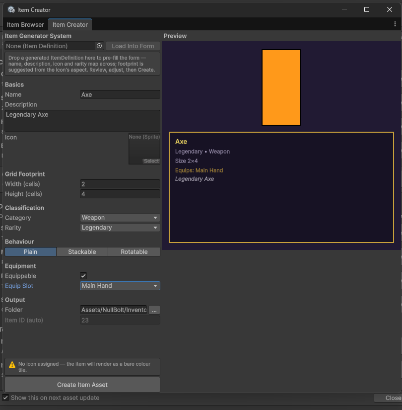 Item Creator window with the form on the left and live item + tooltip preview on the right