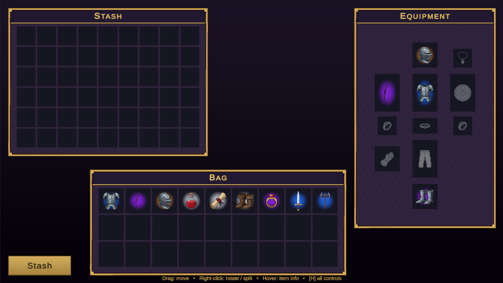 RPG inventory demo scene with bag, stash, and equipment paper-doll