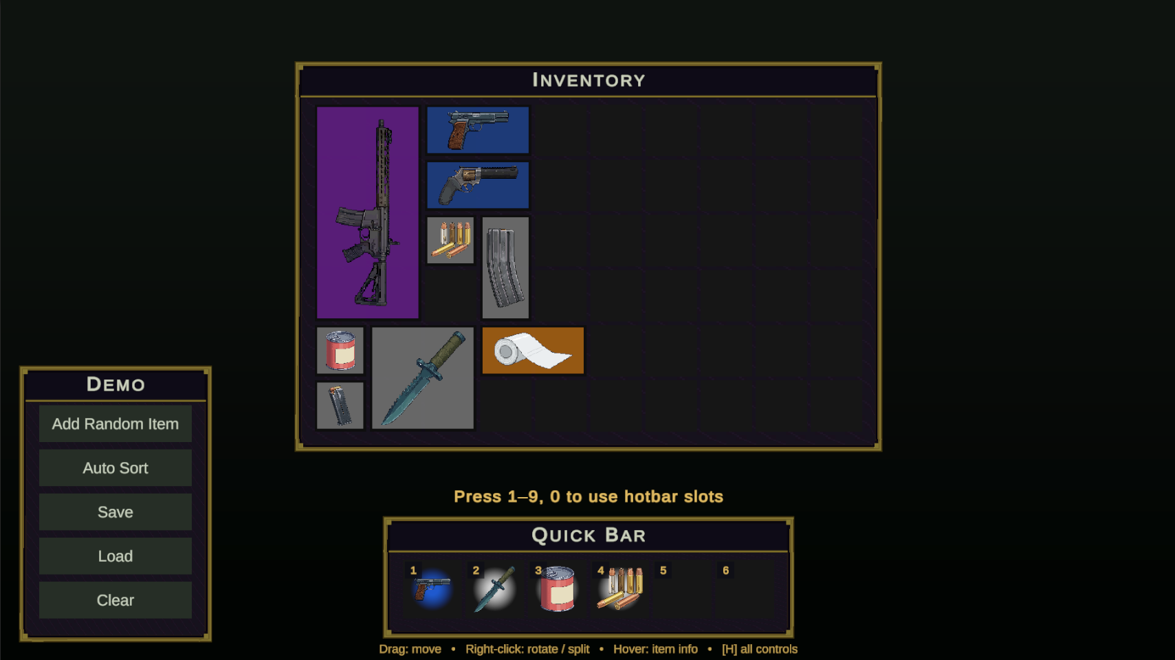 Survival demo scene with tactical theme and quickbar